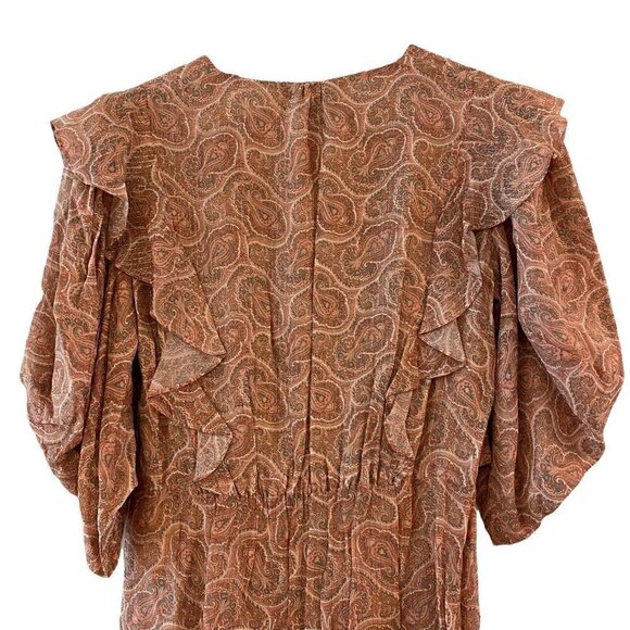 NEW THE KOOPLES Mini Silk Dress Paisley Lurex V-Neck Puff Sleeve Wrap Size 4 XL - Picture 8 of 12
